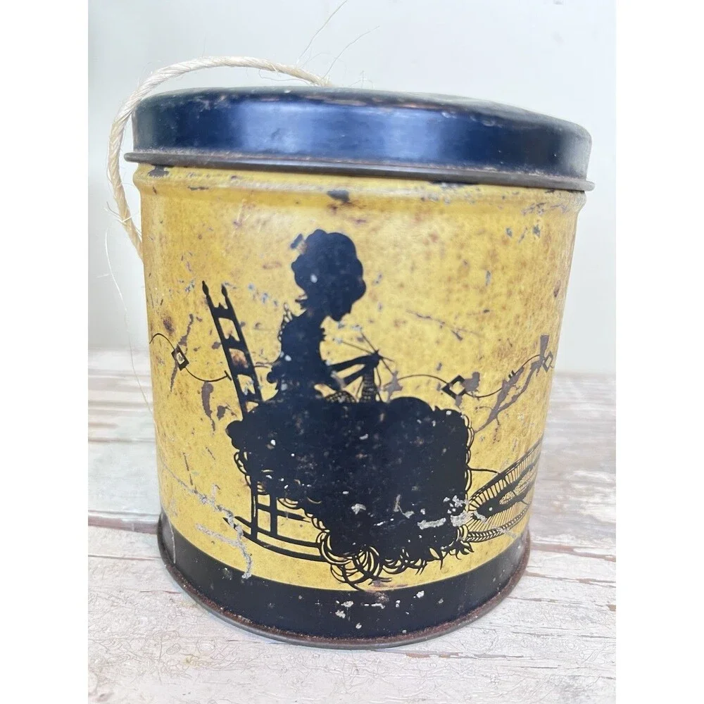 Vintage Cottage Tin W/Lid Yarn String Holder Lady Silhouette & Little Black Cat